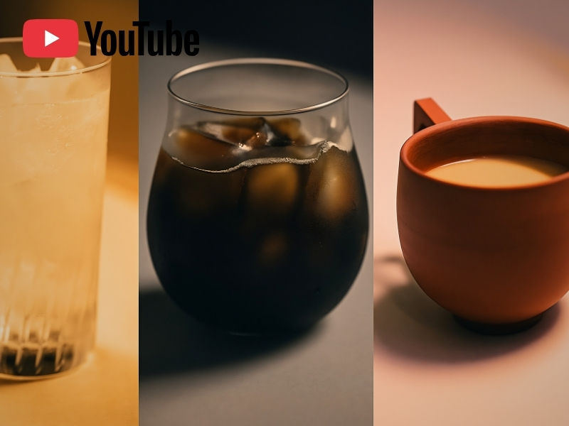 ジンジャーエール、アイスコーヒー、チャイが並んでいる。シネマティックな画像。