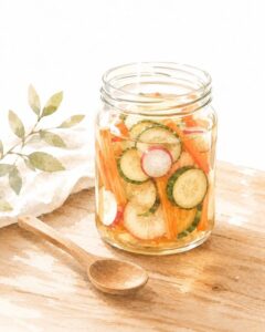 ガラスの保存瓶に詰められたピクルス（きゅうり・にんじん・ラディッシュ）。瓶の中の液体は淡い琥珀色。横に小さな木のスプーン。木のカウンターの上、静かな朝の光。