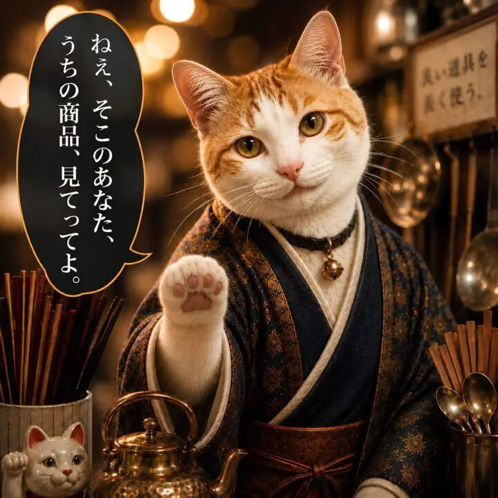 猫用品を案内する新あさくさ商店街の猫店主